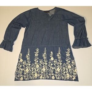 Bonanza Satrangi Blue Chambray Floral Embroidered Tunic Top Womens Size 10